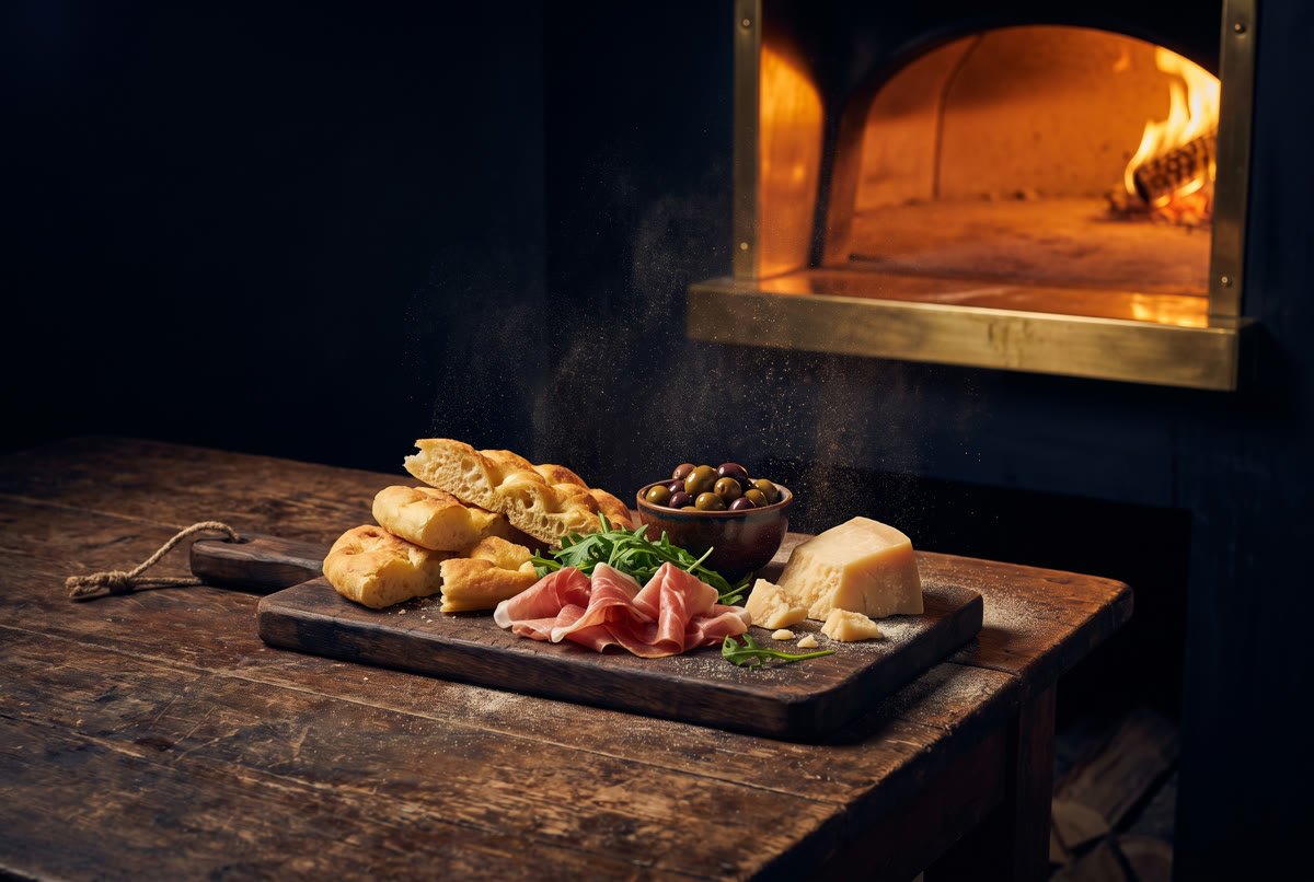 Tabla de antipasti con focaccia, jamón serrano, aceitunas y parmesano.