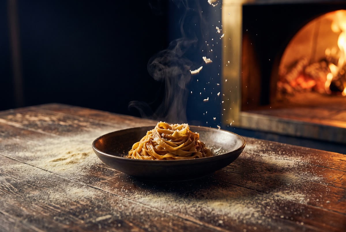 Tazón de tagliatelle fresco humeante sobre una mesa enharinada.