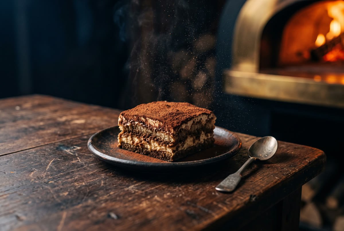 Rebanada de tiramisú espolvoreada con cacao.