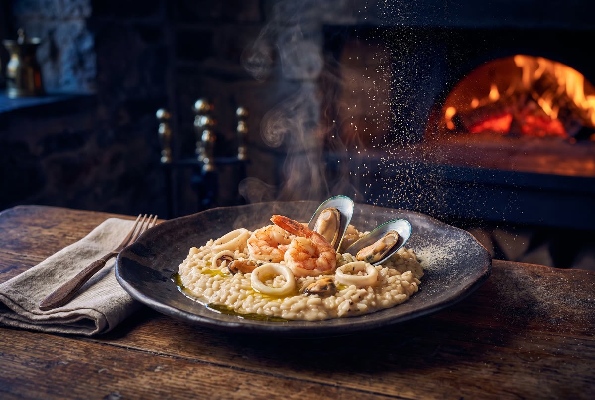 Risotto con camarón, calamar y mejillones en un plato oscuro.