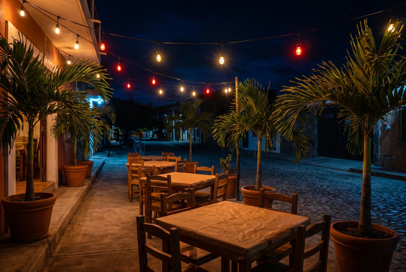 La terraza del restaurante de noche, con mesas de madera bajo focos colgantes.